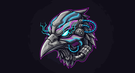 A futuristic robotic head mascot with glowing blue lines and mechanical details against a dark background with purple outlines.