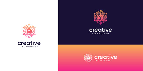Modern cube hexagonal with dots and lines connected structure in tech network system, logo design ideas. Creative vector illustration based icons template.