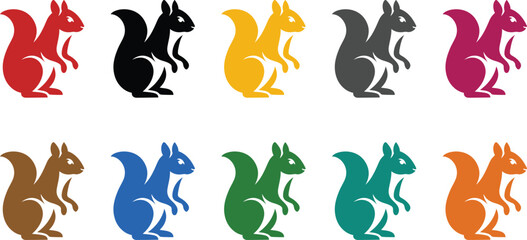 Colorful standing squirrel silhouettes arranged in two rows, Multicolor squirrel standing icon set © jakircreativedesign