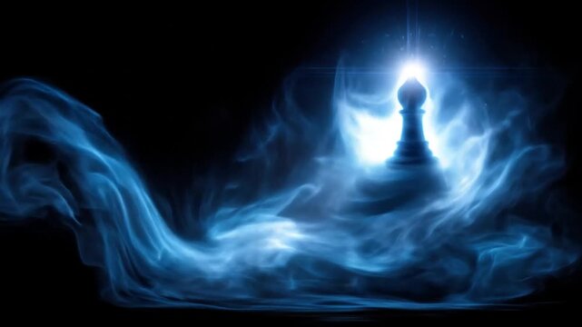A chess piece bishop silhouette is bathed in a luminescent, ethereal blue glow within a hazy nebula