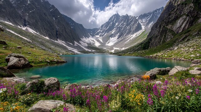 Ratti Gali Lake Pakistan glacial lake emerald water surrounded by alpine wildflowers and snowy peaks breathtaking mountain scenery