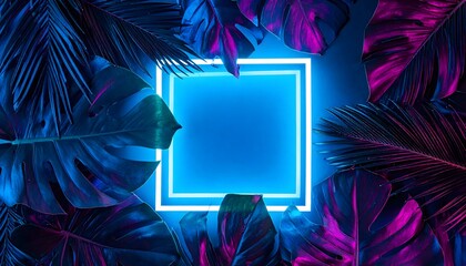 A vibrant tropical background featuring fluorescent blue and purple Monstera and palm leaves framing a bright, central glowing neon square light border with copy space.
