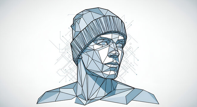 Abstract low poly human head wearing a beanie, representing digital technology, artificial intelligence, and network connections