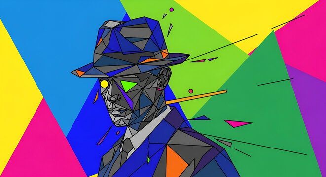 Geometric portrait of a man in a fedora with glowing green eyes against a vibrant abstract background