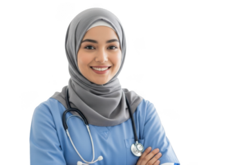 Smiling muslim nurse wearing hijab and stethoscope isolated on transparent background