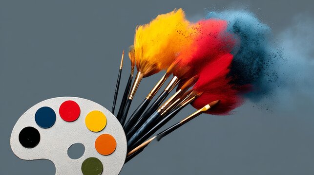 Colorful paintbrushes bursting with vibrant powder pigments, artist palette with paint spots, showcasing creativity and artistic expression in a dynamic composition with copy space
