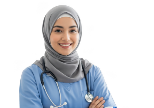 Smiling muslim nurse wearing hijab and stethoscope isolated on transparent background