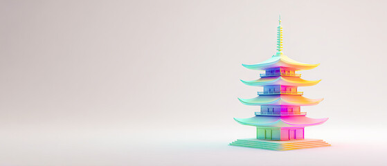 Vibrant rainbow colored multi tiered pagoda statue on a light background with copy space
