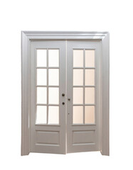 White double doors with glass panes and dark hardware, set in a white frame, slightly ajar and centered, object on white