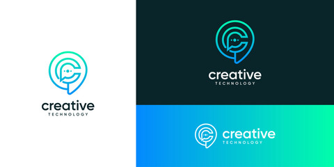 Outline letter C with bubble speech logo design inspiration. Talk and chat technology communication concept. Combination vector based icons symbols.