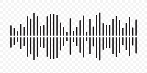 Black podcast sound wave patterns with varying amplitude bars for audio visualization and media interfaces. Digital frequency lines on white bg for music players, recording apps or broadcast design