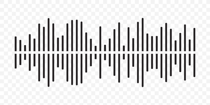 Black podcast sound wave patterns with varying amplitude bars for audio visualization and media interfaces. Digital frequency lines on white bg for music players, recording apps or broadcast design