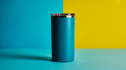 Fototapeta premium Teal insulated tumbler with lid standing against a vibrant blue and yellow background