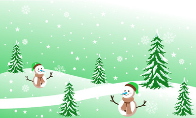 Whimsical winter wonderland illustration featuring happy snowmen, evergreen trees, and gentle falling snow over rolling green hills, evoking a joyful festive season