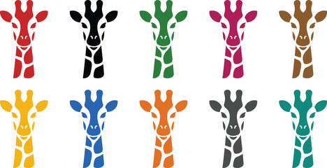 Colorful giraffe head icons collection on white background, Multicolor giraffe face silhouette set © jakircreativedesign