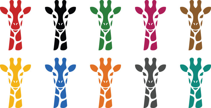 Colorful giraffe head icons collection on white background, Multicolor giraffe face silhouette set