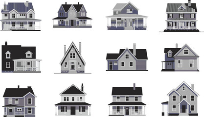 PrintVector Collection of Suburban Houses and Homes, Various Residential Architecture Styles with Porches, Real Estate and Neighborhood Graphics