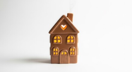 Chocolate house-shaped candle with glowing windows on a white background