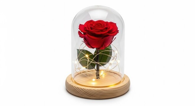 Preserved red rose under a glass dome with fairy lights on a wooden base - Powered by Adobe