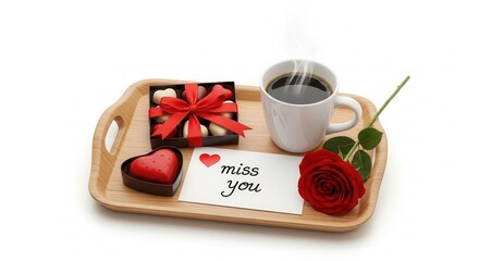 Breakfast tray with a cup of coffee, heart-shaped chocolates, a rose, and a note saying "miss you"
