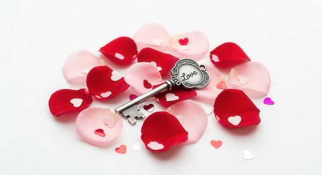 Key with "Love" inscription surrounded by rose petals and colorful heart confetti on a white background