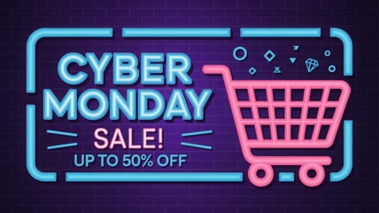 Cyber monday sale neon sign with shopping cart and 50% off discount