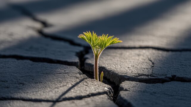 A resilient young green plant sprout breaking through cracked pavement. - Powered by Adobe