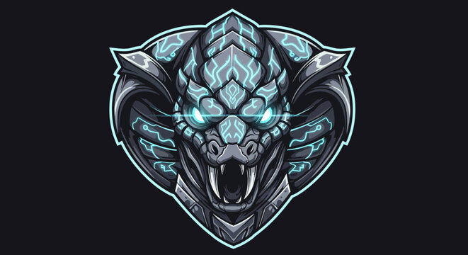 A futuristic, glowing blue and gray dragon head mascot with sharp teeth and pointed ears on a black background with a neon outline, conveying a strong and powerful mood.