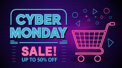 Cyber monday neon sale banner with shopping cart and shapes.