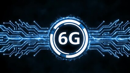 Futuristic 6G technology symbol with glowing circuit lines - Powered by Adobe