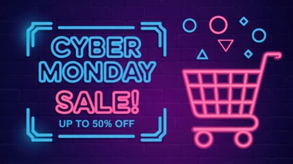 Cyber monday sale neon sign with shopping cart on brick wall