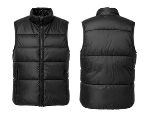 Black puffer vest shown from the front and back, isolated on a white background, studio shot for fashion, alpha channel