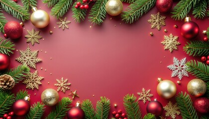 Festive holiday decorations christmas theme image of ornaments and pine red background close-up view celebratory concept for seasonal cheer and visual appeal