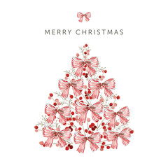Fototapeta premium Christmas greeting card, text, white background. Tree made of bows and red berries. Vector illustration. Poster, banner design template. Winter xmas holidays