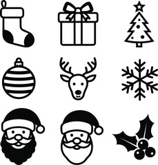 Fototapeta premium Black and white Christmas icons grid, stocking, gift box, decorated tree, ornament, reindeer head, snowflake, two Santa faces, holly sprig vector set