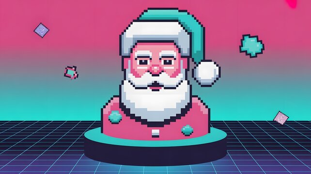 Vaporwave Pixel Art Santa Claus Icon – Retro 8-bit, Cyberpunk Christmas, Synthwave, Lo-fi Digital Illustration, Festive Holiday Avatar, Video Game Character Design, Neon Background, Aesthetic & Glitch