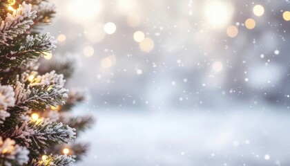 Winter wonderland celebration festive christmas tree snowy outdoor setting magical atmosphere soft focus view holiday spirit and cheer