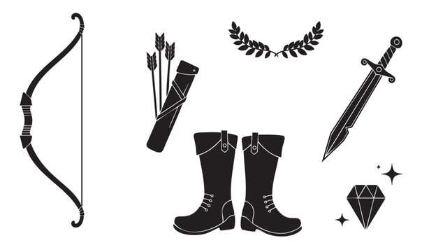 Fototapeta Set of black silhouette icons for a fantasy adventure, including a bow, arrows, sword, boots, laurel wreath, and a sparkling diamond