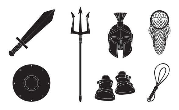 Monochromatic vector illustration set of ancient gladiator equipment, featuring a sword, shield, helmet, trident, net, and sandals as black silhouette icons