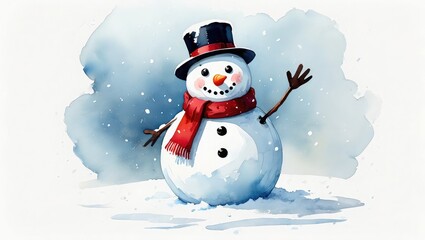 Obraz premium Cheerful snowman wearing red scarf and black hat waving