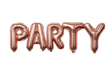 Elegant rose gold metallic balloons spell "party" for festive decor. isolated on transparent background