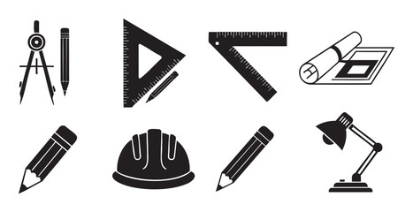 Obraz premium Set of black silhouette icons representing architecture, engineering, and construction tools like a compass, ruler, hard hat, and blueprint