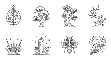 Charming collection of hand-drawn fantasy and nature icons, featuring a leaf, magical mushrooms, a vine, crystals, a bee, and a cloud, all in a clean black line art style
