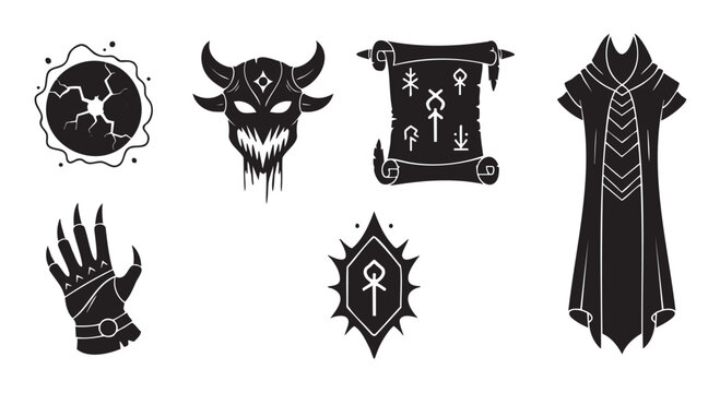 Collection of black silhouette icons for a fantasy role-playing game, featuring a demon mask, magic scroll, warlock robe, clawed gauntlet, and mystical amulet