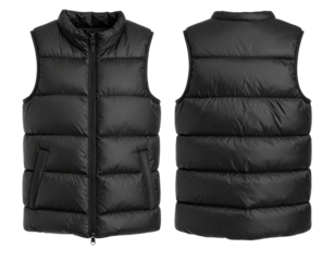 Black puffer vest, front and back views, with a zipper, visible seams, and a high collar, presented on a plain white background