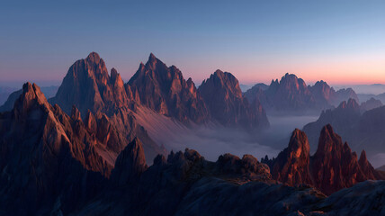 Jagged Dolomites mountain range at sunrise with valley fog
