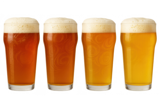 Four glasses of craft beer showing a color gradient from dark red ale to light pale lager, transparent background