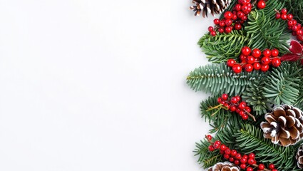 Christmas fir branches with red berries and pine cones