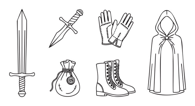 Collection of medieval fantasy adventurer equipment including a sword, dagger, cloak, gloves, boots, and money pouch, illustrated in a clean black and white line art style