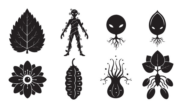 Collection of black silhouette icons featuring fantasy creatures, alien beings, and nature elements like leaves and flowers